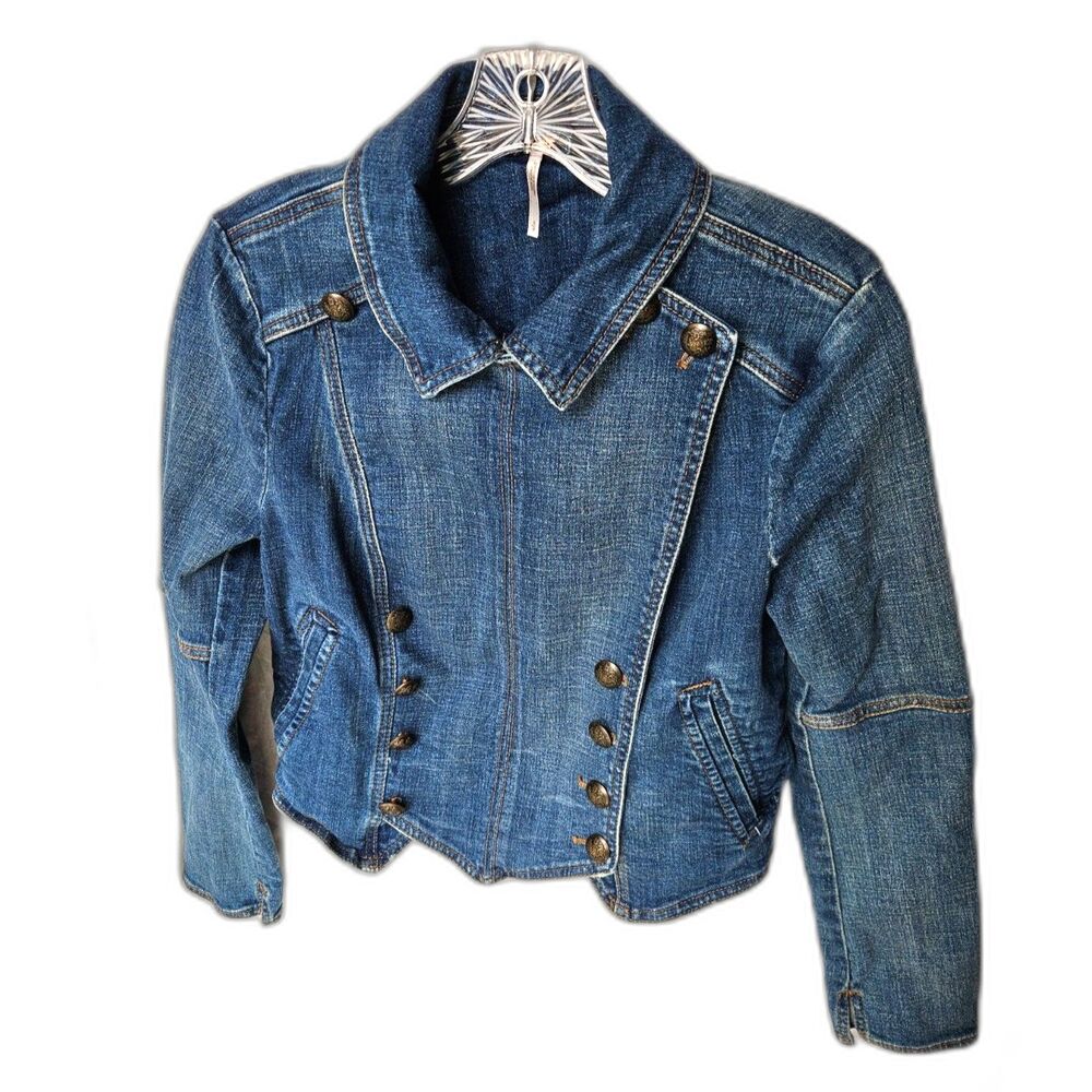 FREE PEOPLE Military Short Jean Jacket Button Front Double Breasted Small